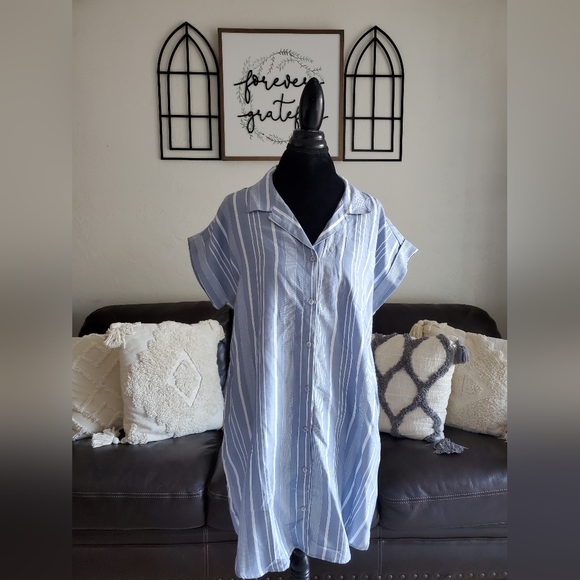 Evy's Tree The Harper Blue Striped Shirt Dress Women's Size L Boho Chic NWT - Picture 12 of 12